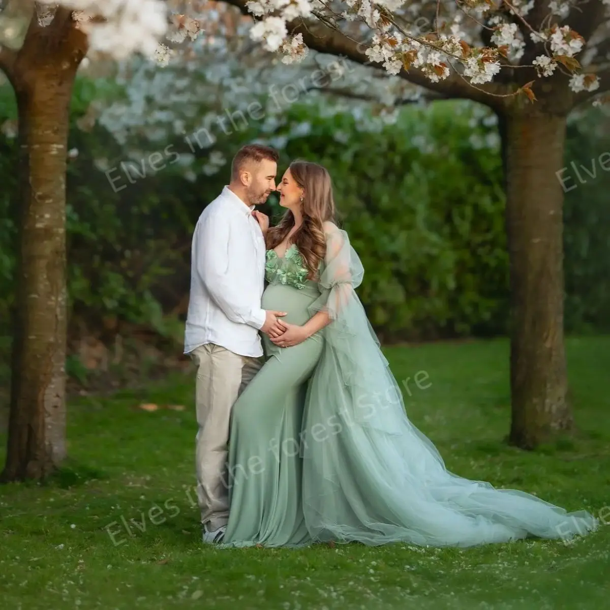 Batas de maternidad verdes de ilusión para sesión de fotos, apliques de encaje con forma de corazón, vestido de fiesta para embarazo, vestidos personalizados para Baby Shower