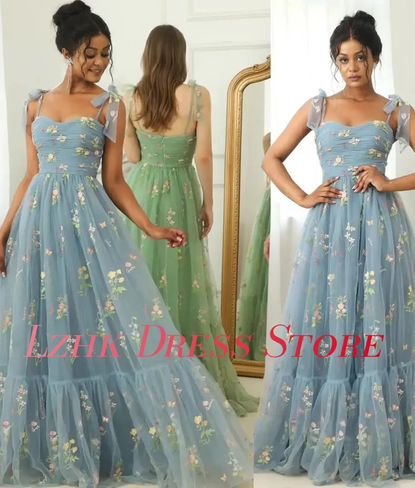 Изысканное вечернее платье трапециевидной формы из органзы с аппликациями и цветами на тонких бретельках, нежное вечернее платье без рукавов فساتين سهرة