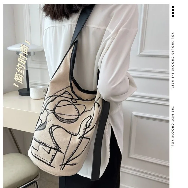 Fashion Canvas Crossbody Bag Fashion Summer Women Canvas Handbag Match Color Famale Vintage Printed Graffiti Casual Bucket Bag