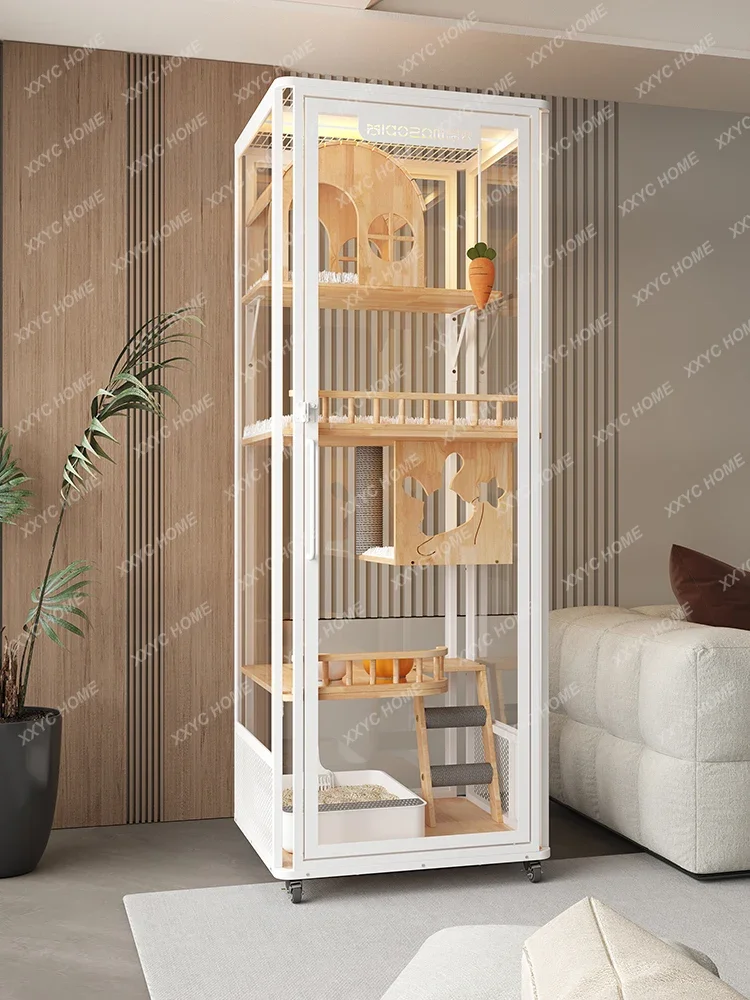 

Villa Luxury Large Glass Cat Cabinet Solid Wood Cat House Home Indoor Cat Cage with Toilet