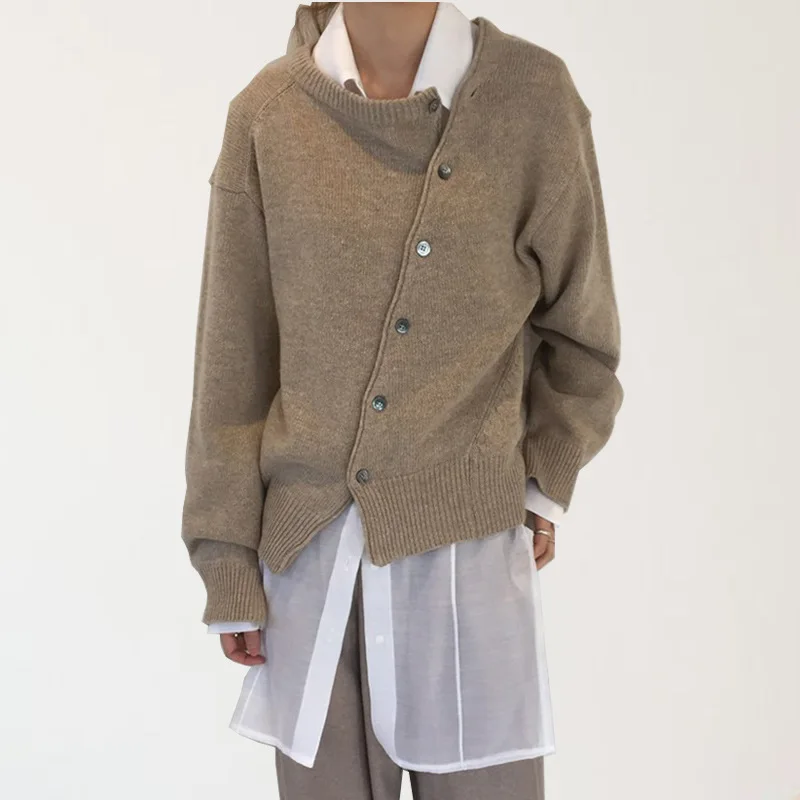

Spring New Korean Version Diagonal Buckle Irregular Design Lazy Wind Sweater Cardigan Crew Neck Knitted Jacket Women