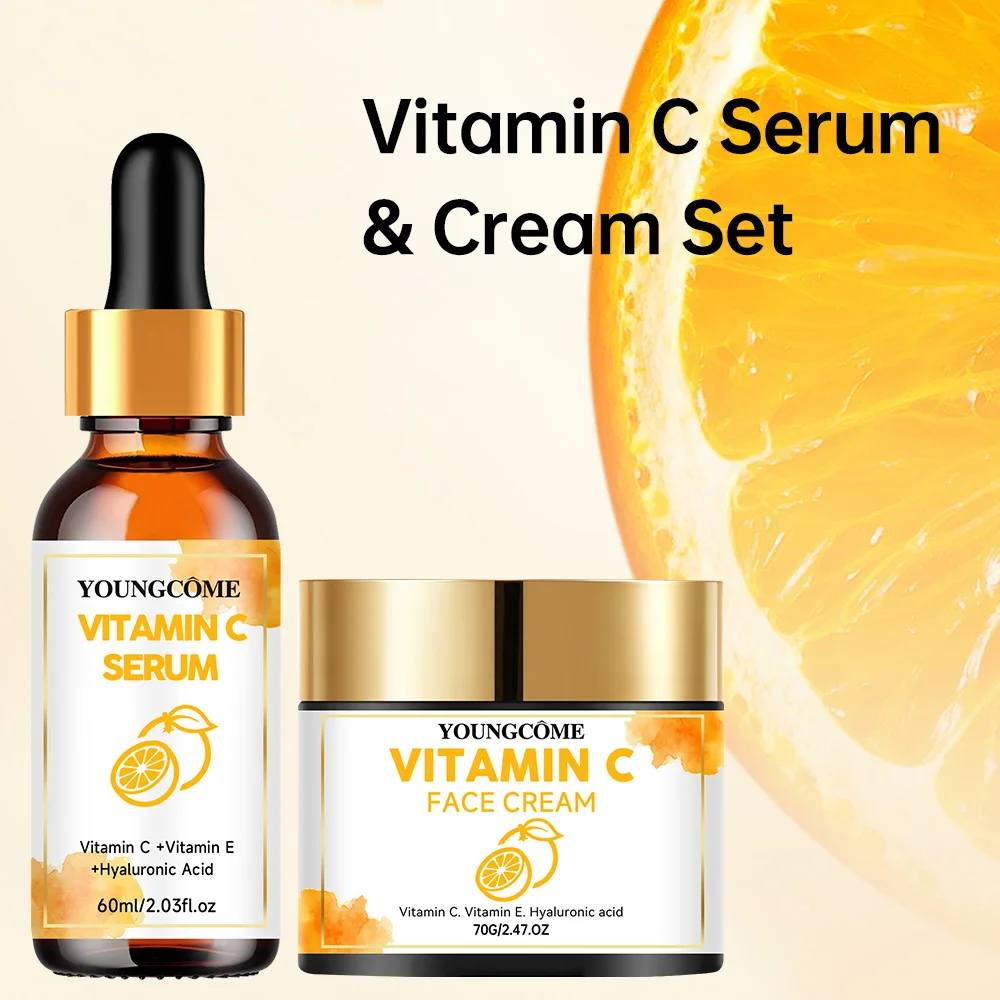 YOUNGCOME Vitamin C Hautpflegeset für Frauen, feuchtigkeitsspendendes Hyaluronsäure-Hautpflegeroutine mit Serum, Gesichtscreme 70 g + 60 ml – Detail 1