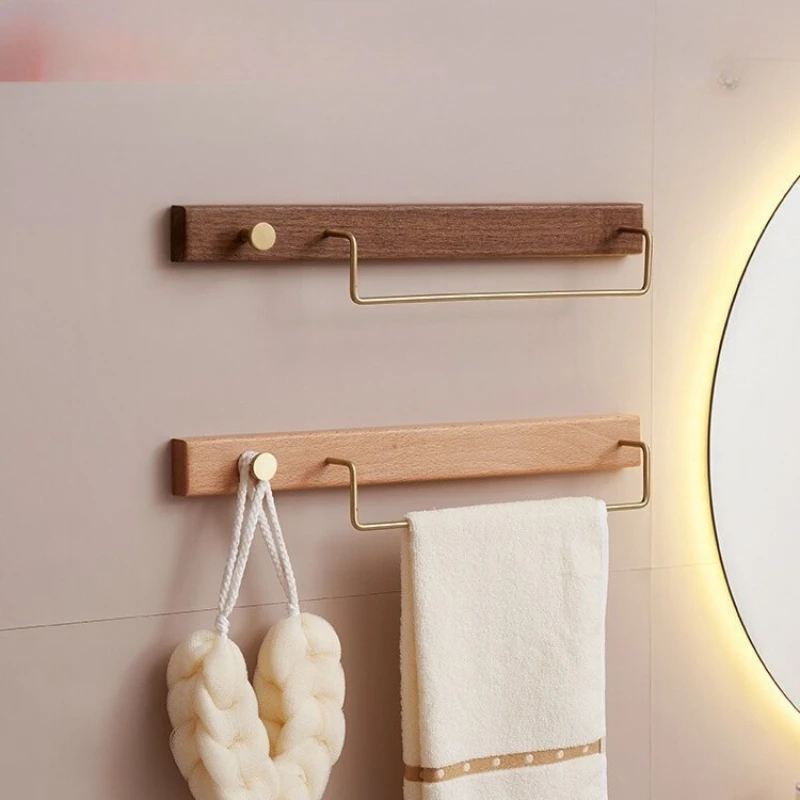 Walnut Wood Towel Storage Rack Wall-mounted Chrome Metal Towel Rack with Wooden Support Bathroom Hardware Accessories