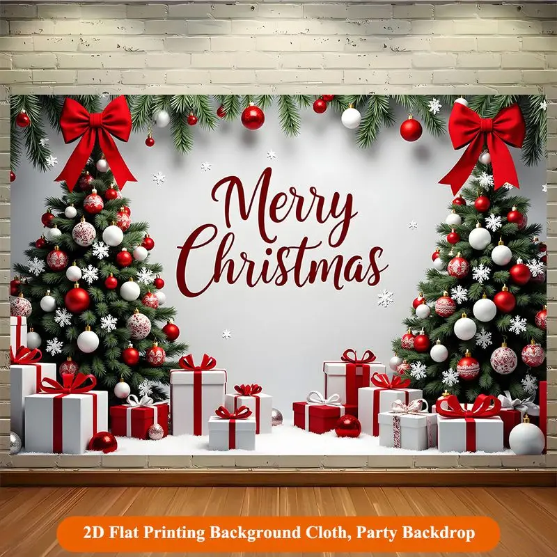 VIKAMA Merry Xmas Evergreens Crimson Bows Presents Backdrop Banner Party Wall Decor Home Accent Stylish Soft Durable Cozy Gift