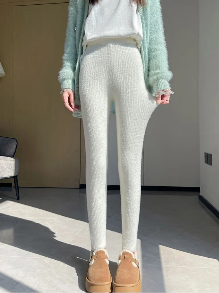 Mink FUR หนากางเกงขายาวผู้หญิงฤดูใบไม้ร่วงฤดูหนาวเอวสูงกระชับกระชับสัดส่วนขนาดเล็กสบายๆกางเกง