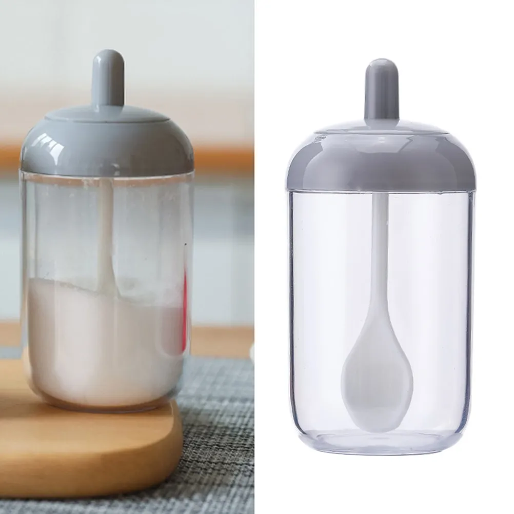 2Pcs Plastic Condiment Jars with Lids Spoons Seasoning Containers Kitchen Spice Holder Sugar Salt Pepper Organizer Grey