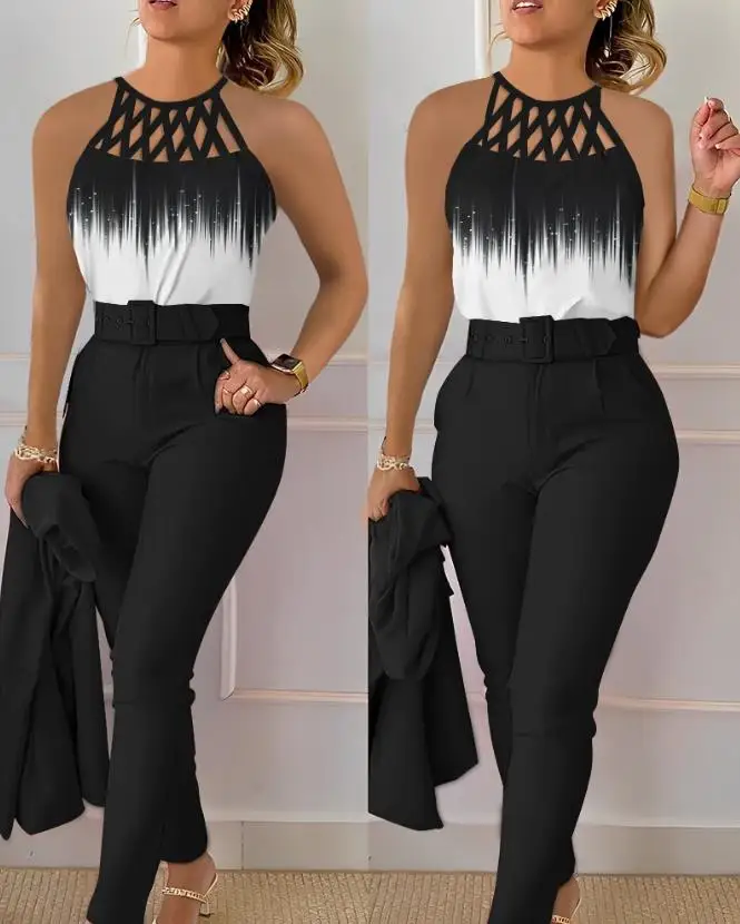 Two Piece Sets Womens Outifits 2023 Summer Fashion Hollow Out Sleeveless Round Neck Tank Top & Casual Pocket Design Pants Set