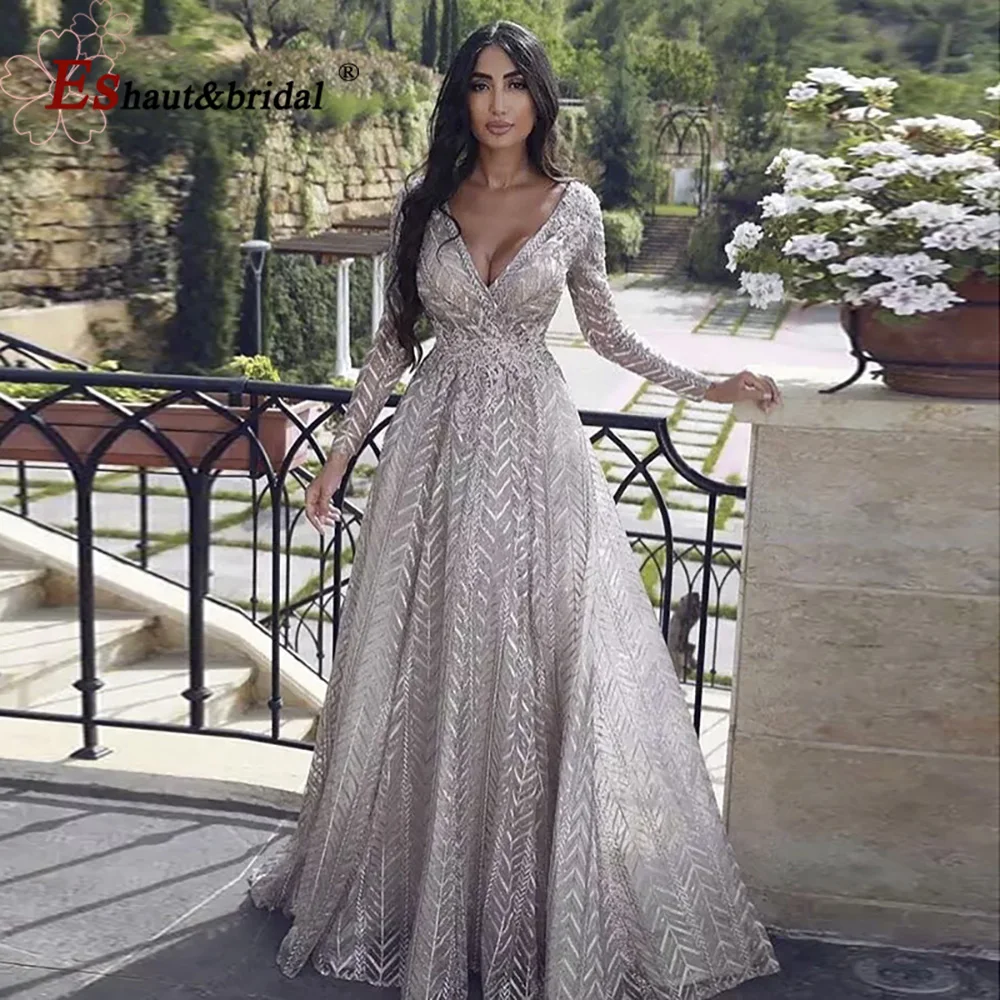 Elegant Evening Dress for Women 2024 Long Sleeves V Neck Full Lace Pleated Beaded Wedding Formal Prom Party Gowns Customized