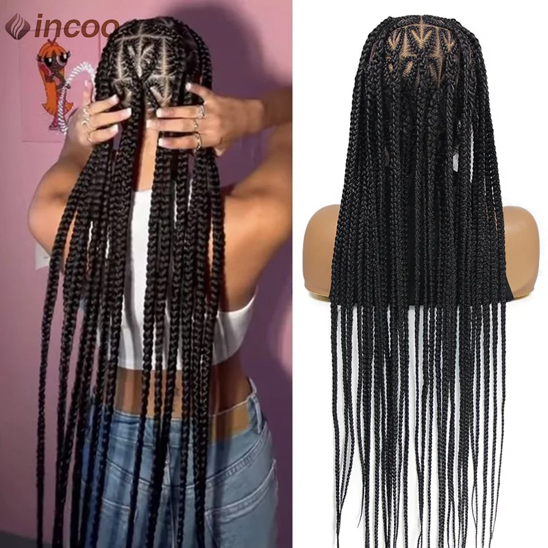 Heart Part Knotless Box Braided Lace Wigs African Long 36" Full Lace Cornrow Braids Lace Wigs For Black Women Synthetic Braiding