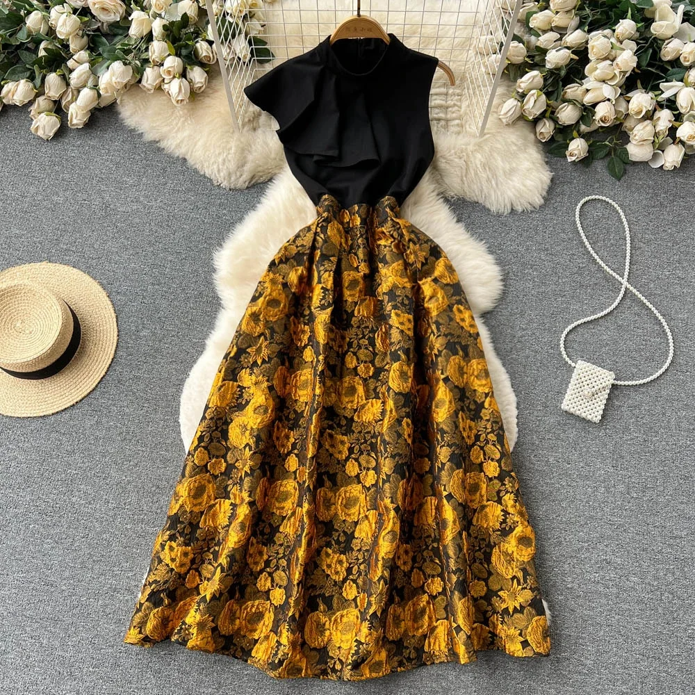 Spring Autumn Women Red/Gold Floral Printed Patchwork Long Dress Vintage Stand Collar Sleeveless High Waist A-Line Vestidos New