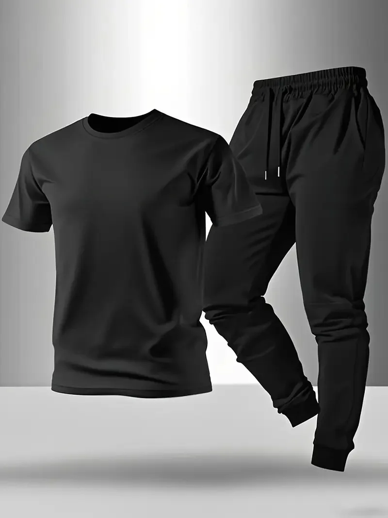 

Мужской летний спортивный костюм 2026: стильный комплект из двух предметов с коротким рукавом и свободными брюками для мужчин, модный повседневный наряд