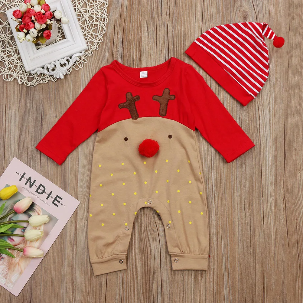 Newborn Baby Boys Girls Christmas Red Nose Cartoon Reindeer Bodysuit Stripe Hat Long Sleeve Set Suitable for 18-24 Months Xmas