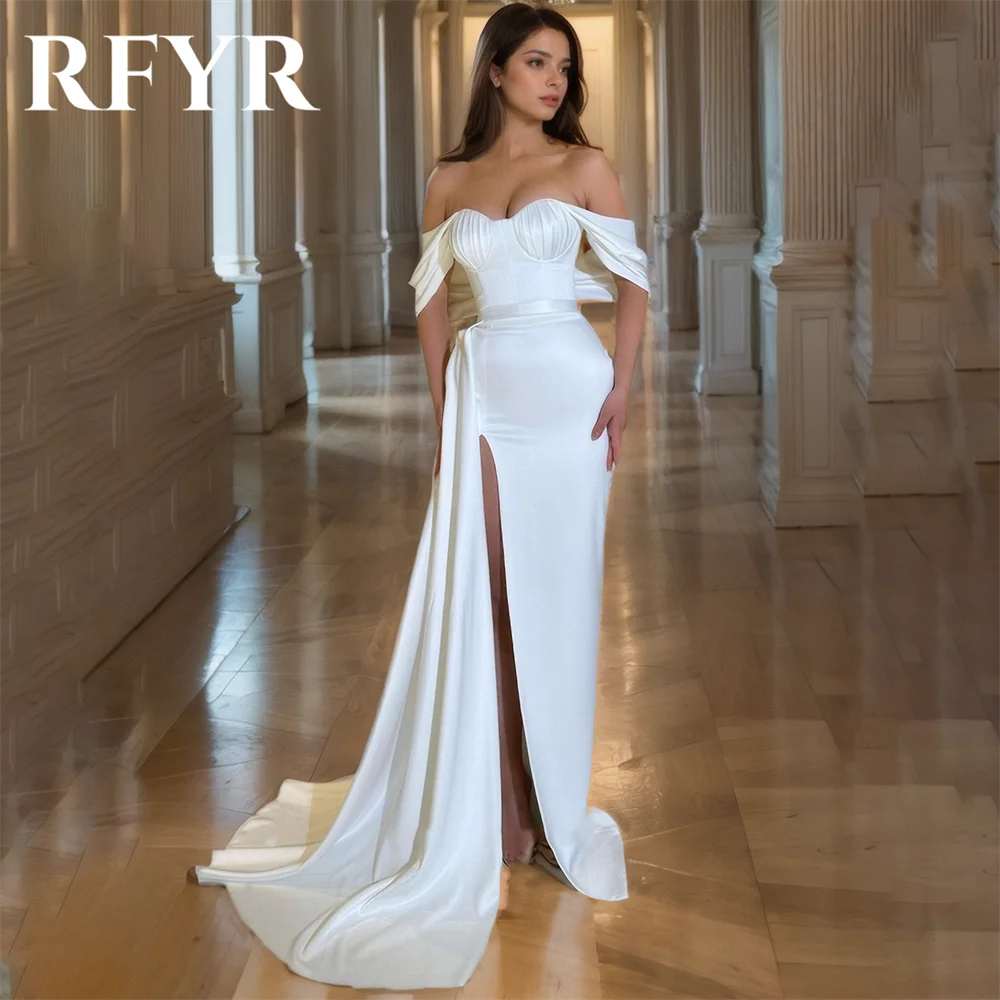 

RFYR Amazing White Evening Dress Sweetheart Mermaid Prom Dress Floor Length Off the Shoulder Satin Formal Dress Slit Customized