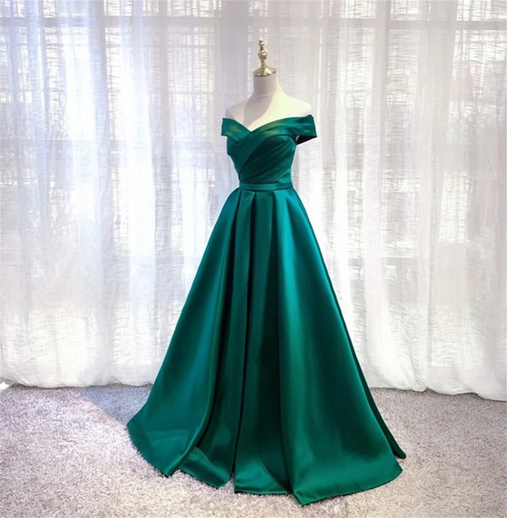 

Customized Classic Green Satin Strapless Off the Shoulder Sleeveless Prom Gowns Elegant A-Line Panel Train Evening Dress