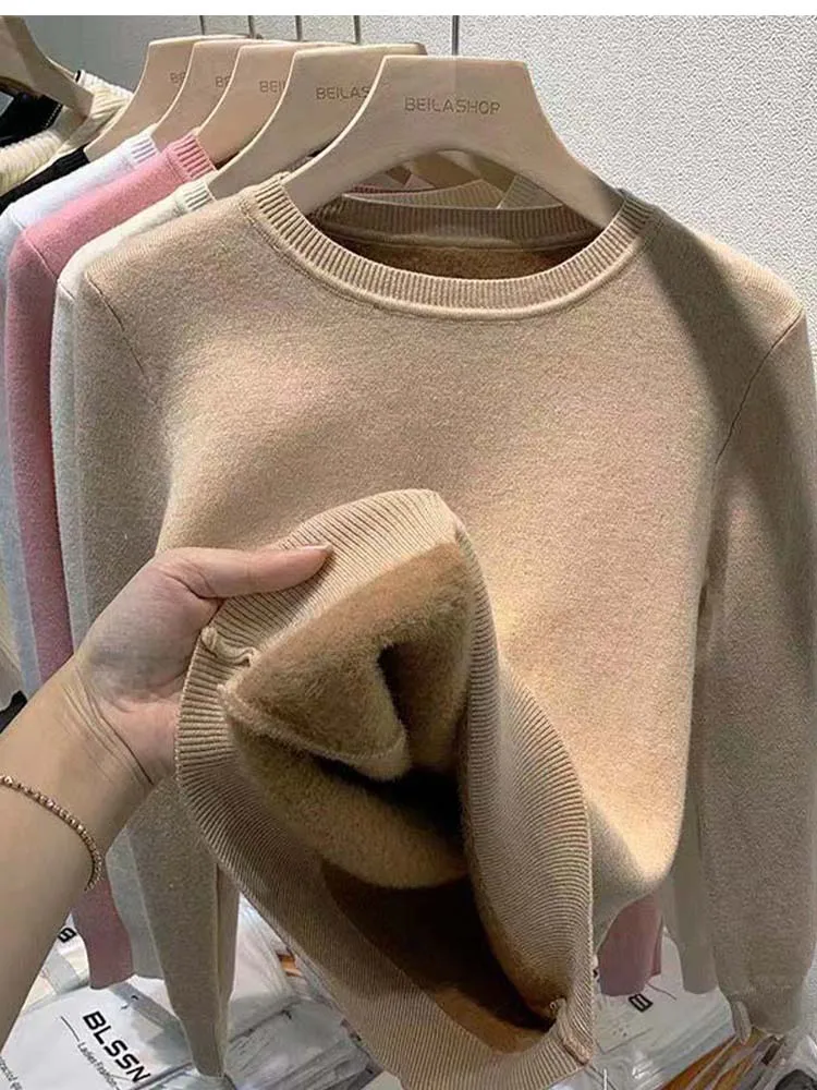 Women's O-neck Plus Velvet Thicken Sweaters Winter Slim Warm Long Sleeve Knitted Tops Casual Plush Fleece Lined Soft Pullover