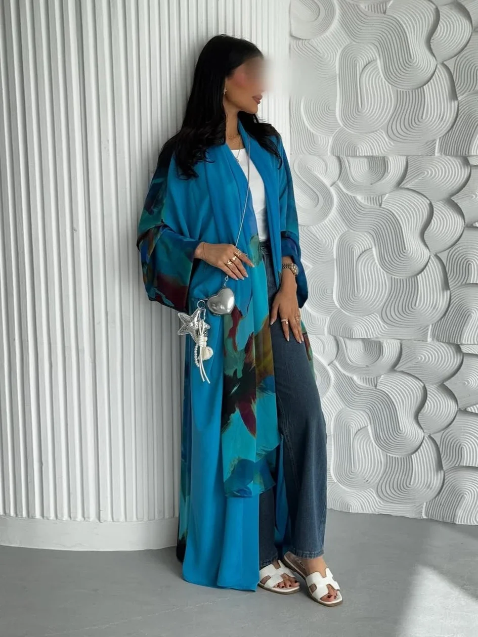 Eid Women Print Abaya Scarf Muslim Open Dress Party Jalabiya Ramadan Long Abayas Vestidos Arab Cardigan Robe Morocco Kaftan