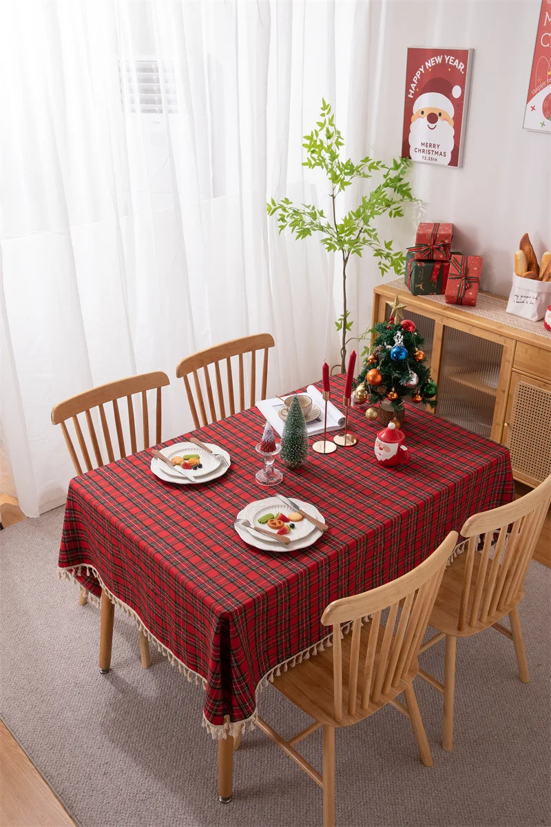 Weihnachtsdekoration, runde Tischdecke, karierte Tischdecke für Neujahr, Familientreffen, Restaurant, Party, Abendessen, Heimdekoration – Detail 21