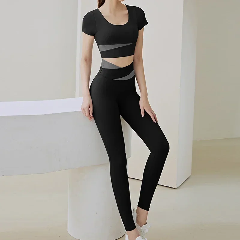 Women 2 Pcs Gym Sets Sports Crop Tops Pants Running Fitness Yoga Suits Gym Sportswear Lady Workout Clothes High Waist Leggings