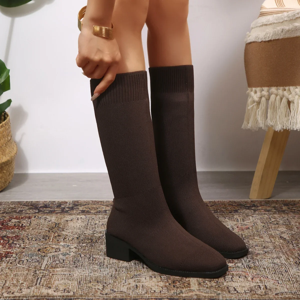 Frühling Herbst Mode Damenstiefel Quadratische Spitze Gestrickte Sockenstiefel Slip-on Halbstiefel Damen High Heels Übergrößen 35-43 Schuhe – Detail 24