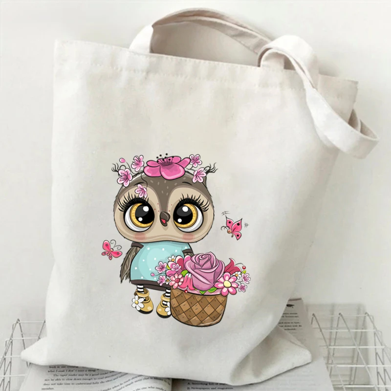 Bolsas de lona estampadas pintadas à mão para mulheres, coruja dos desenhos animados, bolsa floral para meninas, livros e livros, bolsas elegantes para senhoras, sacolas de compras