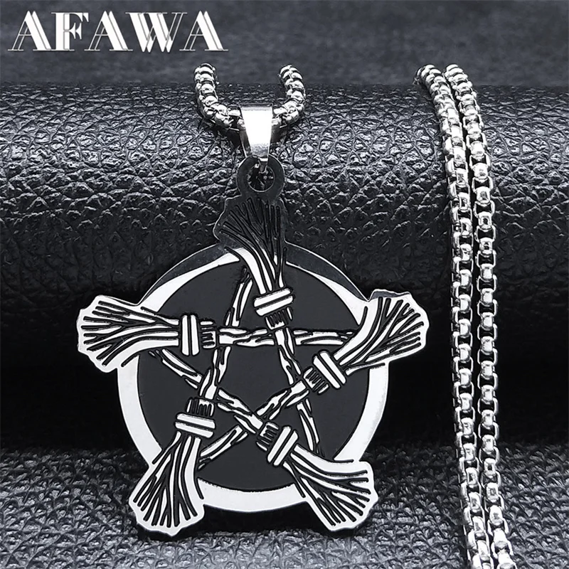 Witchcraft Pentagram Witch Broom Necklace for Women/Men Stainless Steel Wicca Star Necklaces Jewelry corrente masculina N3379S02