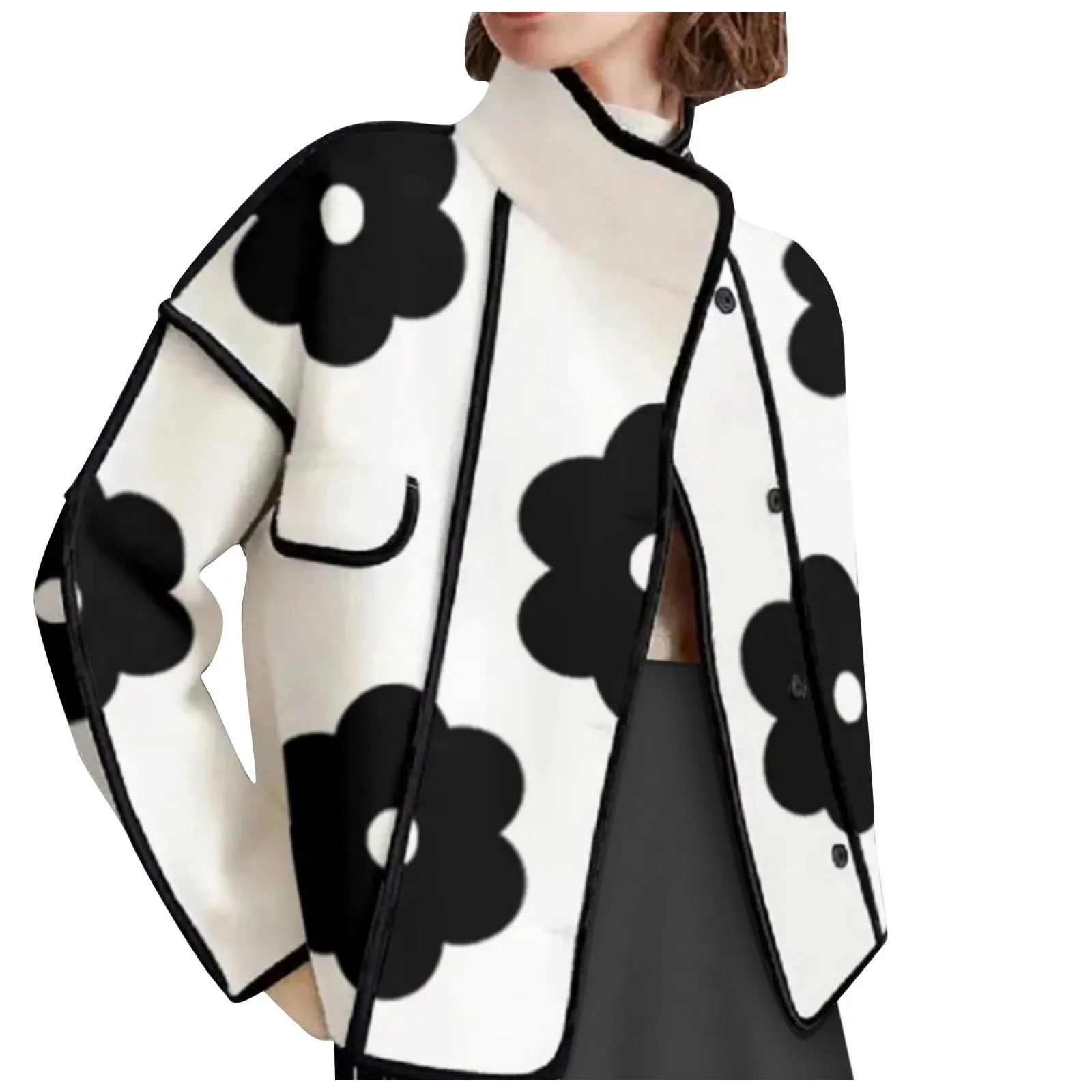 Women's Flower Printed Patchwork Jackets Long Sleeve Loose Block Casual Hem British Style Elegant Lady Coat New Outerwear