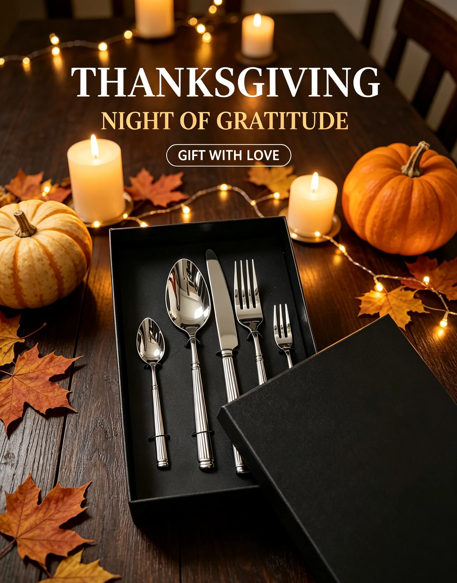 Vertical Grain 420/304 Stainless Steel 5‑Pcs Cutlery, Thanksgiving Gift Box, Rust‑Resistant Flatware Set