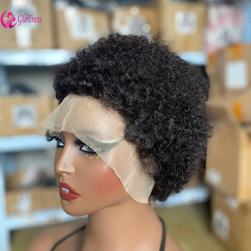 

Top Grade 13A 13x4 Lace Frontal Afro Kinky Curly Wig 250% Density 8" Brazilian Virgin Remy Hair Soft & Durable Pixie Style