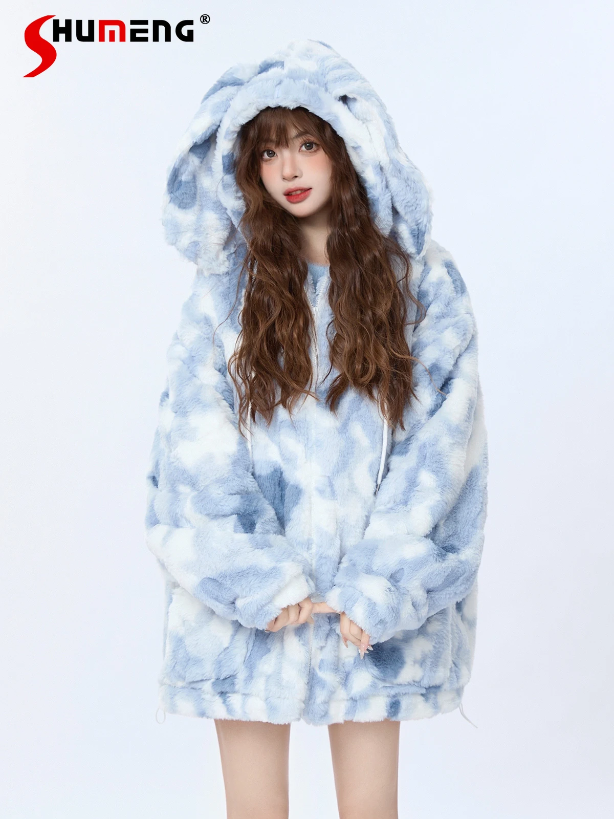 

Christmas New Year Sweet Cool Girl Plush Coats Rabbit Ear Hooded Zipper Loose Versatile Warm Thick Parkas Jackets Women Winter