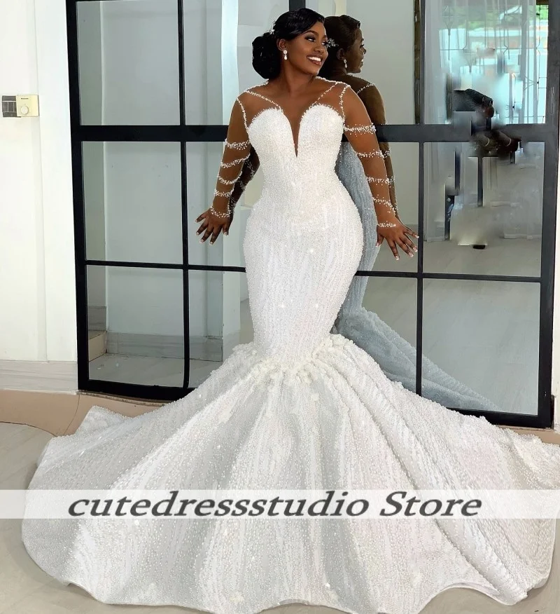 Vintage Mermaid Wedding Dresses 2025 Exquisite Sequins Beaded Long Illusion Sleeves Bridal Gowns Female Luxury Women Customized