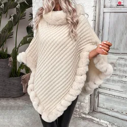 Cape à carreaux rayée en fausse fourrure pour femme, pull, manteau, poncho en tricot, enveloppes Everak, voyage, loisirs, fête, châle, automne, hiver, mode