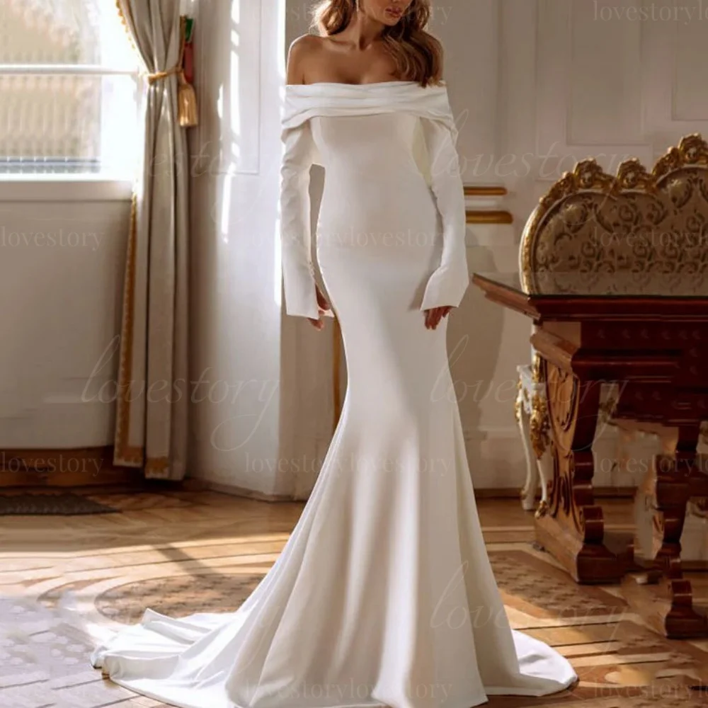 

Customized Wedding Dresses Mermaid Off Shoulder Bride Robe Bridal Gowns Strapless Split Elegant Satin Vestidos De Noiva