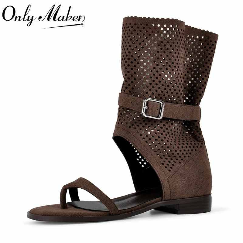 

Onlymaker Women Open Thong Toe Faux Suede Knee High Boots Hollow Buckle Strap Flip Flop Cutout Buckle Flat Sandal Boots