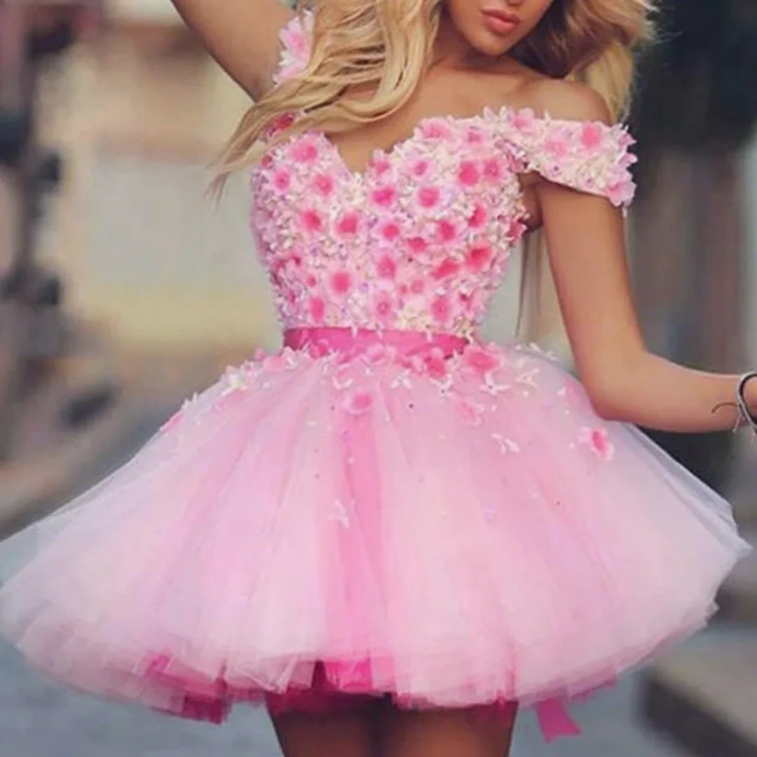 Mini Applique Birthday Party Dress Cute Pink Flower Homecoming Dresses Off The Shoulder Graduation Gown Customized