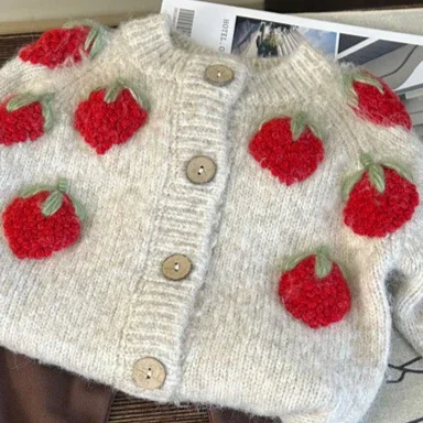 New Baby Handmade Embroidered Strawberry Cardigan Sweater for Girls Spring and Autumn Fashionable Sweater Children Warm Cardigan