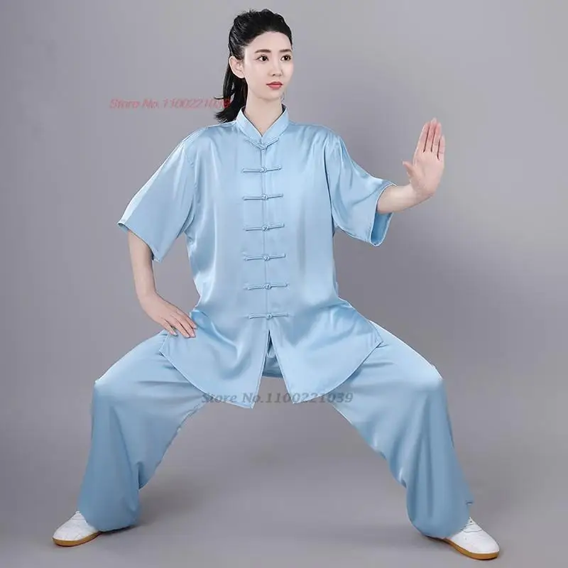 

2024 traditional chinese tai chi kung fu satin uniforms morning exercise wushu clothing martial arts short sleeve kungfu uniform