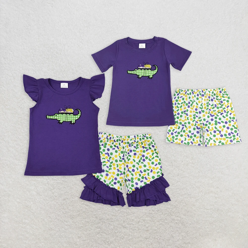 

GSSO0444 Wholesale Summer kids clothes girl Embroidered Carnival Purple Lace Flying Sleeve Shorts sets Boutique baby boy clothes
