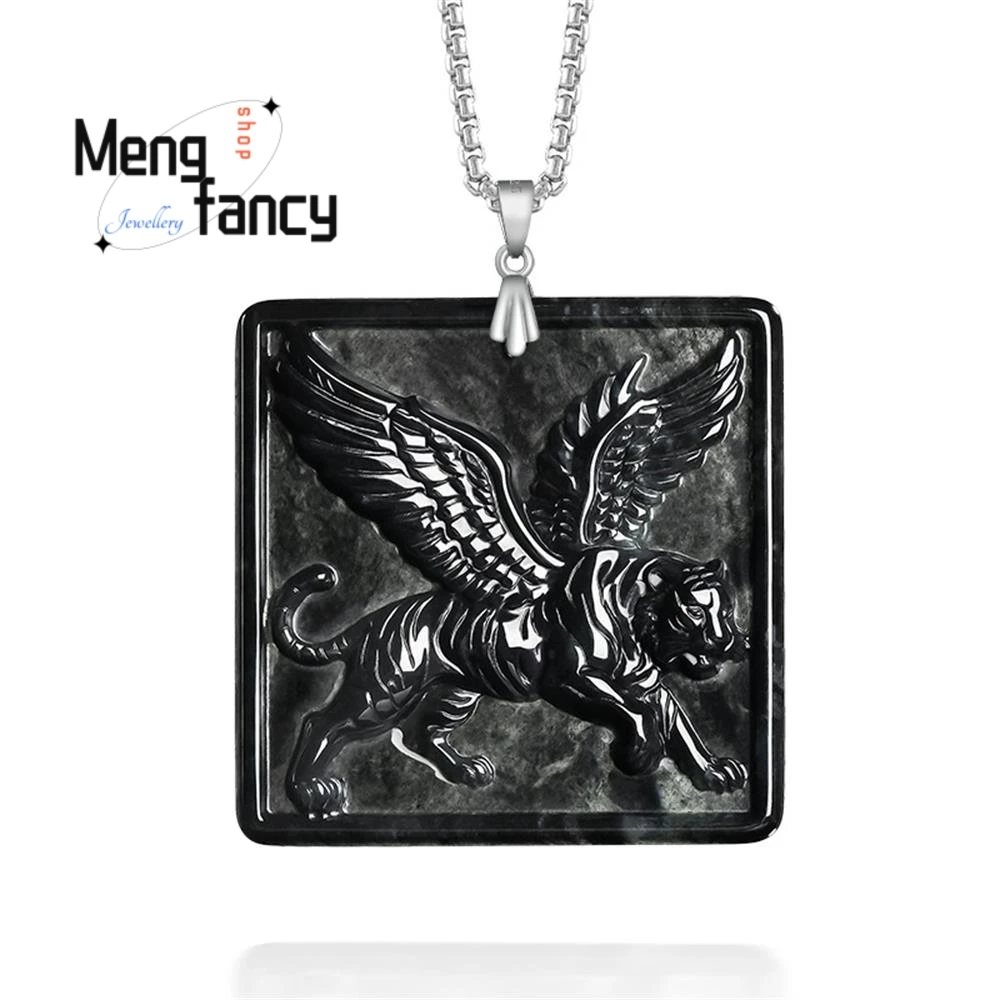 

Natural Burmese A-grade Jadeite Black Jade Like A Tiger With Wings Pendant S925 Silver Buckle Personalized Hip-hop Fine Jewelry