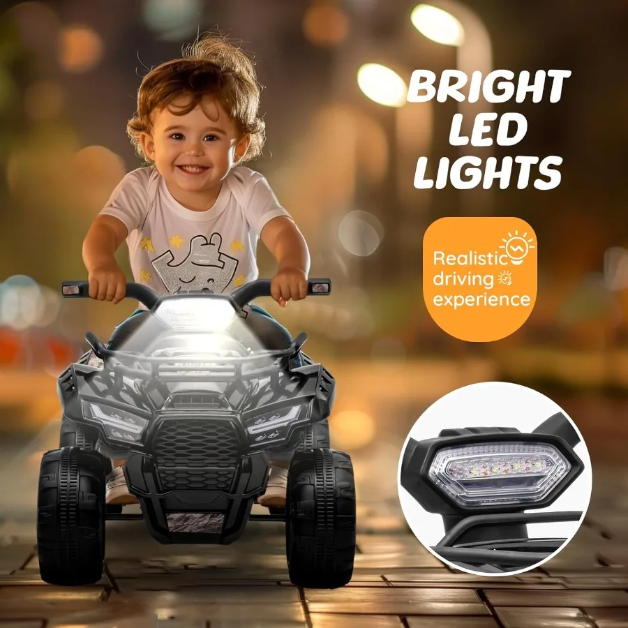 ATV para niños pequeños con batería de 6 V, 4 ruedas con luz musical, velocidad máxima de 1,2 mph, ATV de 4 ruedas para niños pequeños de 1,5 a 3 años, color negro