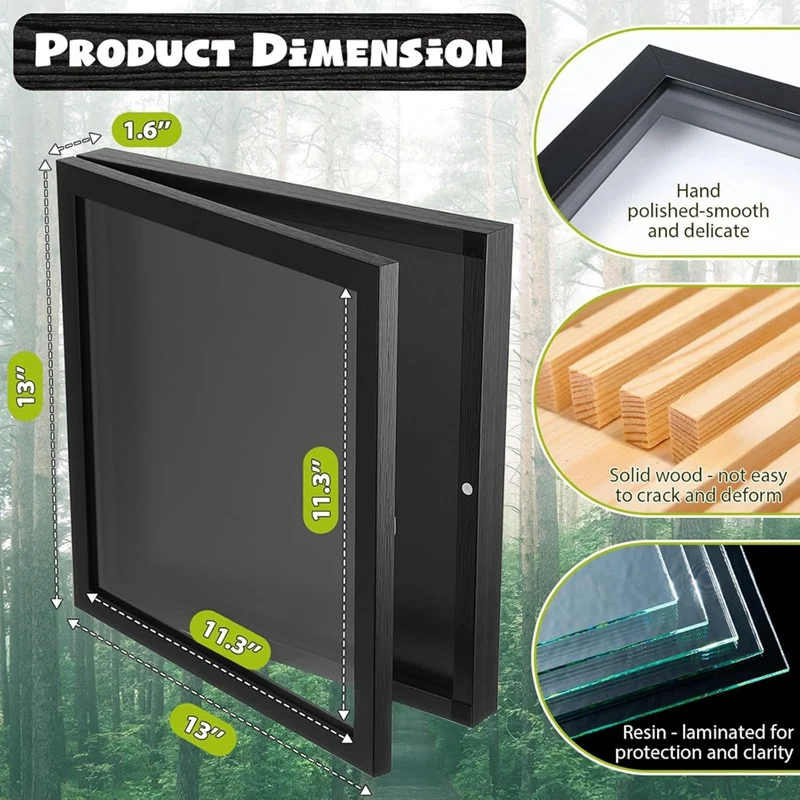 T Shirt Display Frame, 13 inch X 13 inch Black Imitation Wood T Shirt Frame with 98% UV Protection Acrylic, Display Case