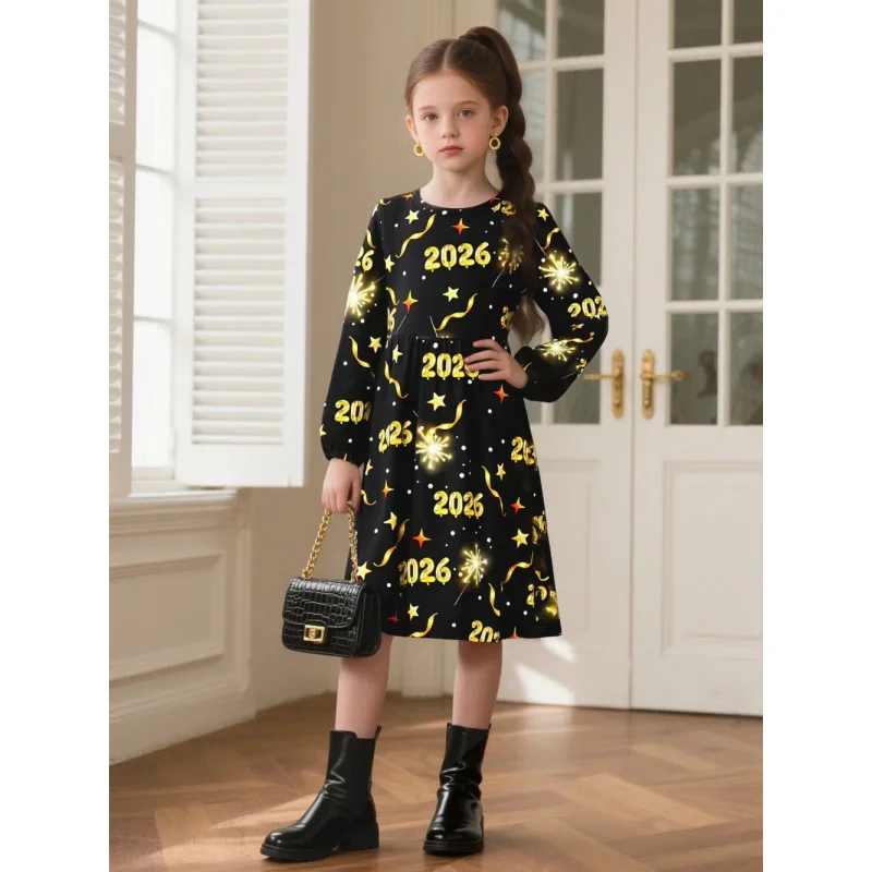 

Girls Black Long Sleeve Dress Festive New Year Print Trendy Star & Firework Pattern Holiday Party Outfit for Kids