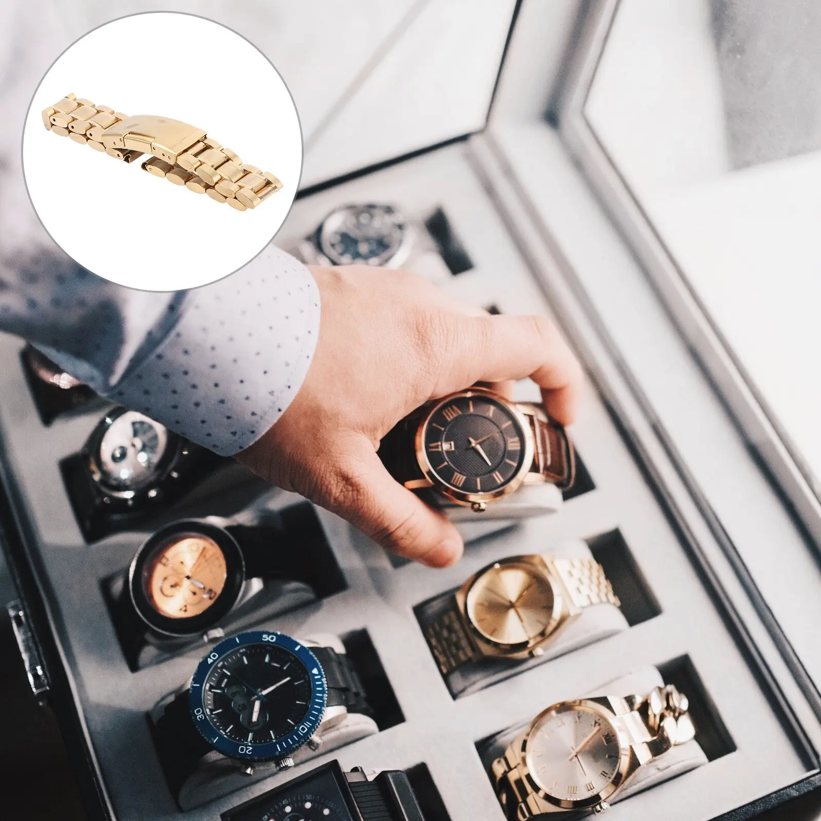 

Ремешок для часов из нержавеющей стали 18 мм, цвет розовое золото, с цельными звеньями, прямым концом и раскладывающейся застежкой с кнопкой, сменный