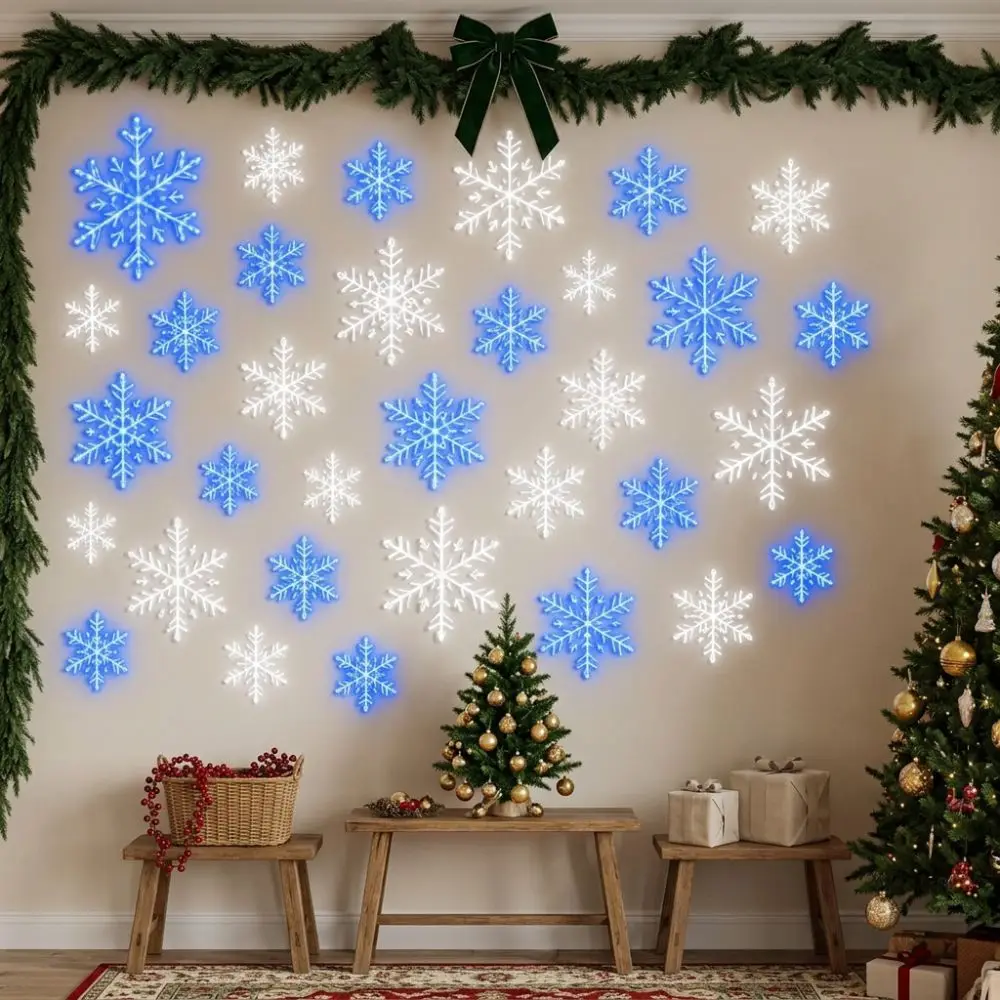 12Pcs Plastic Led Snowflake Wall Lights White Snowflake Long Lasting Christmas Snowflake Lamp Colorful Lights Shatterproof