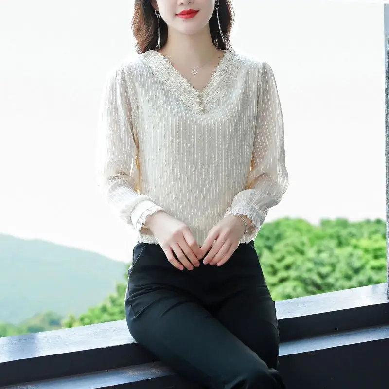 Oversize Commuting Women\'s Clothing Splice Buttons Lace V-neck Long Sleeved Solid Color Temperament Versatile Pullover Shirt