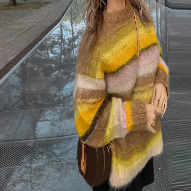

Fashion Women's Knitted Striped Mohair Sweater Vintage O-neck Long Sleeve Pullover 2024 Autumn Winter Lady Fluffy Street Jumper