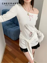 CHEERART Kawaii Cute Long Sleeve Top Bandage Cartoon Print White T Shirt Women Slash Neck Korean Fashion Tees 2025 Spring