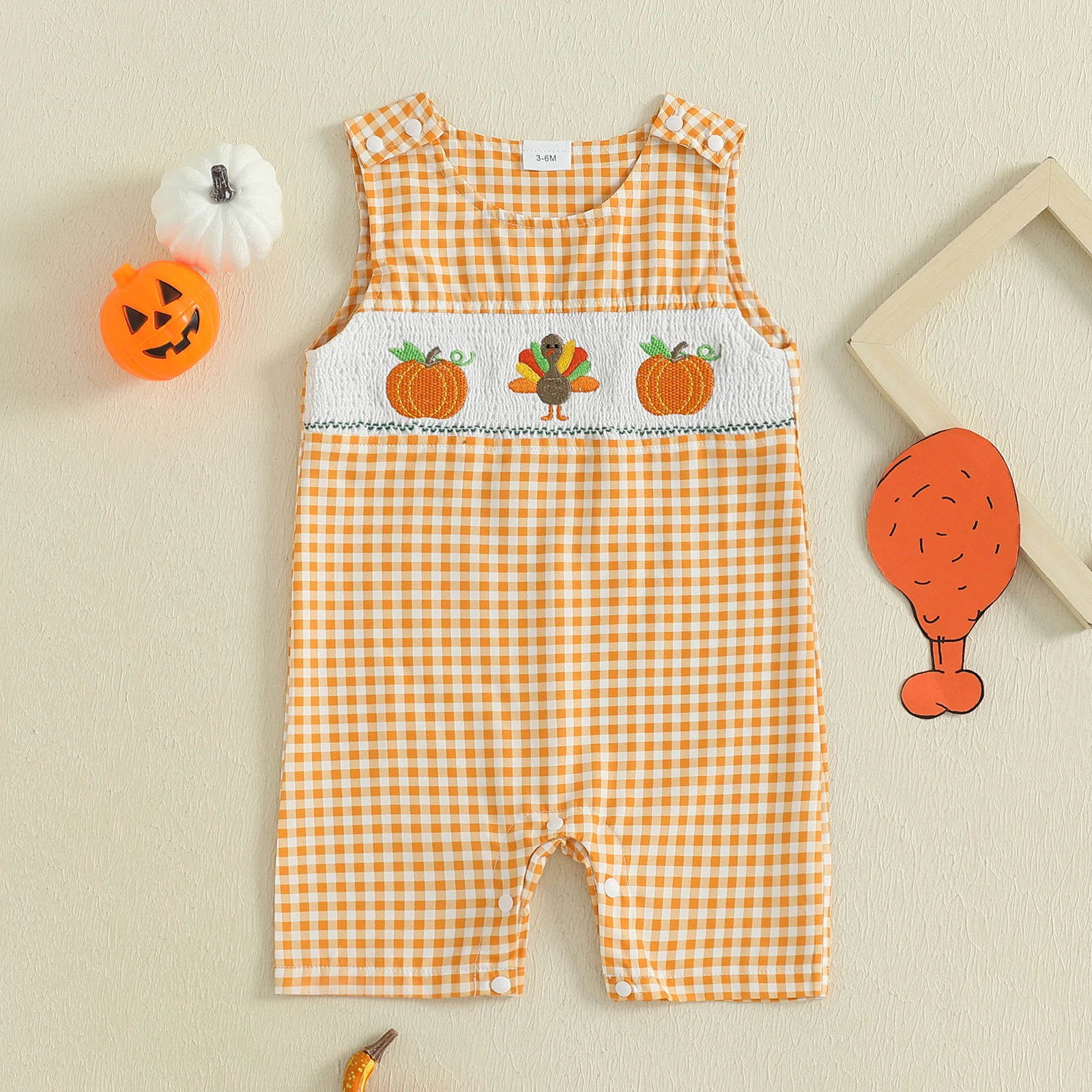 

Baby Plaid Thanksgiving Overall Romper Turkey Pumpkin Embroidered Smocked Sleeveless Bodysuit Cute Fall Clothes