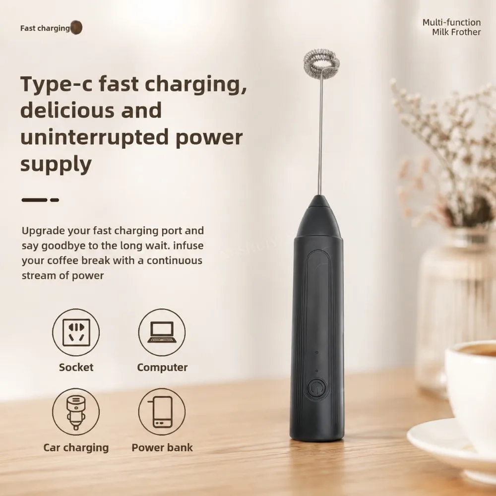 Electric Coffee Frother 2 In 1 Rechargeable Type-C Blender Stainless Steel 3 Speeds Milk Mixer Egg Beater Handheld Foam Maker