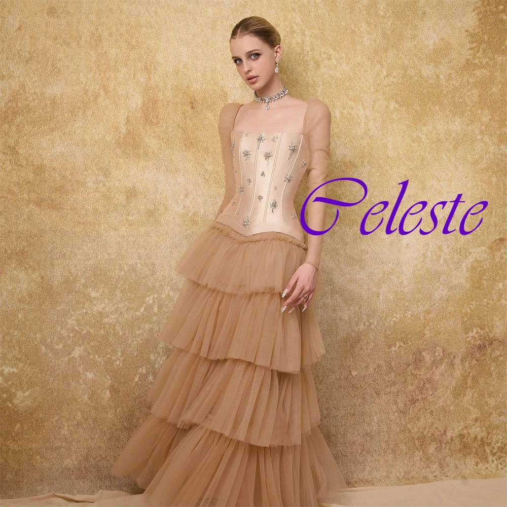Maßgeschneidertes Abendkleid mit quadratischem Kragen und kurzen Ärmeln, elegantes, gestuftes A-Linien-Ballkleid, hochwertiges Kristall-Partykleid – Detail 8