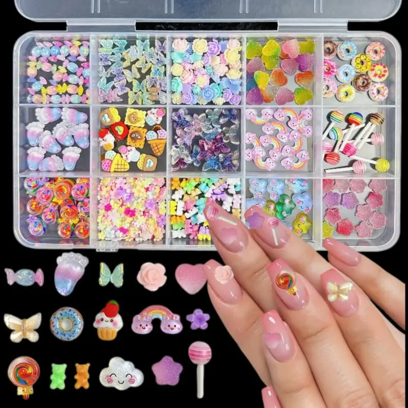 

1Box Colorful Mixed Teddy Bear Bow Nail Charms Minimalist Heart Simulated Candy Biscuit Nail Art Decoration for Manicure DIY